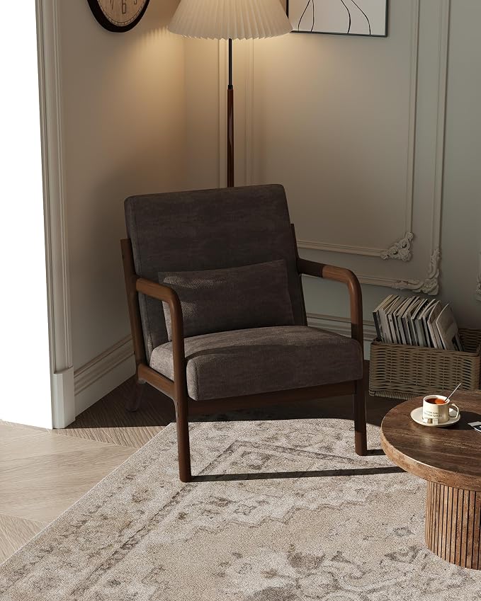 Garvee Mid-Century Modern Accent Chair, Chenille Upholstery, Solid Wood Armchair with Removable Lumbar Pillow, Sturdy Reading Chair for Living Room, Bedroom, Guest Room, Easy Assembly, Brown