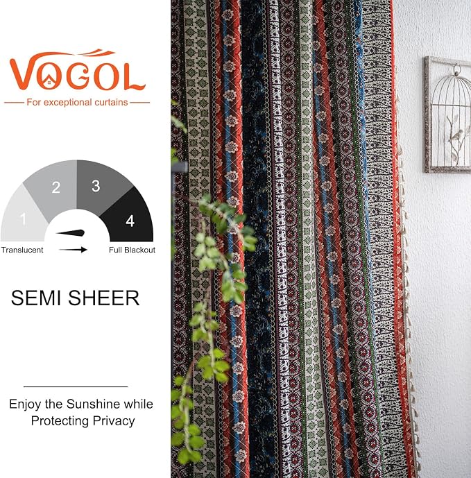 VOGOL Boho Striped Curtains with Tassels, Semi Blackout Faux Linen Drapes for Living Room or Kitchen Windows, Red & Blue Pattern, 2 Panels, 52 x 84 Inches