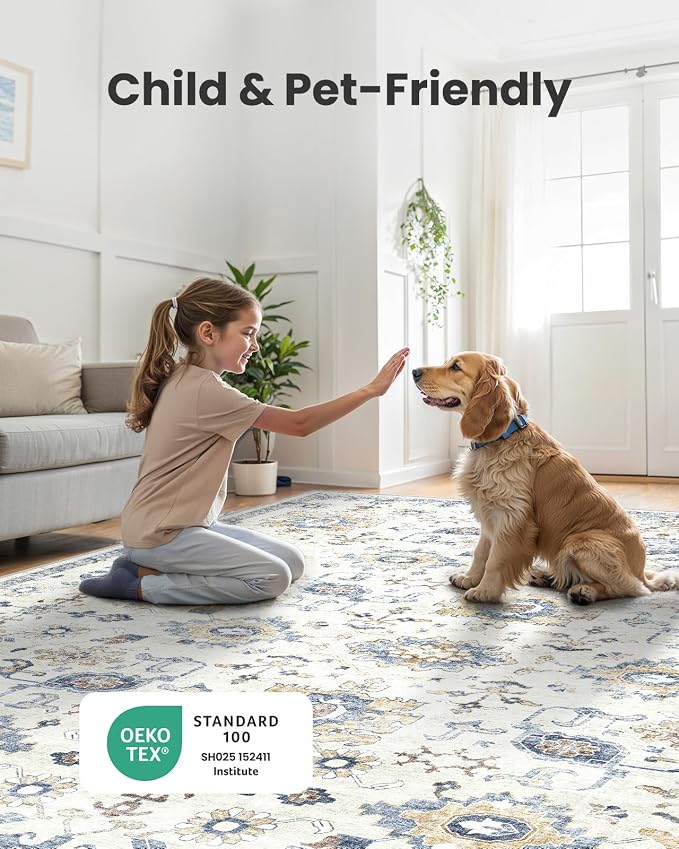 AMADA HOMEFURNISHING 5x7 Area Rugs, Washable Living Room Rug Low-Profile with Non-Slip Backing & Durable Edge Binding, Vintage 5x7 Rugs for Living Room, Bedroom, Dining Room