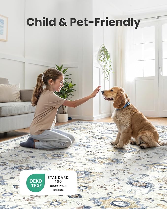 AMADA HOMEFURNISHING 10x14 Washable Area Rug, Low-Profile Large Area Rug with Non-Slip Backing & Durable Edge Binding, Vintage Large Rugs for Living Room, Bedroom & Dining Room