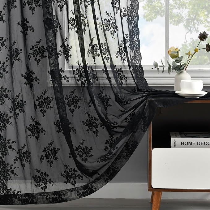 Kotile Black Lace Curtains 54 Inch Length 2 Panels, Country Rustic Floral Pattern Gothic Sheer Curtains for Bedroom, Rod Pocket Vintage Privacy Sheer Lace Curtain, 42 x 54 Inch, 1 Pair, Black