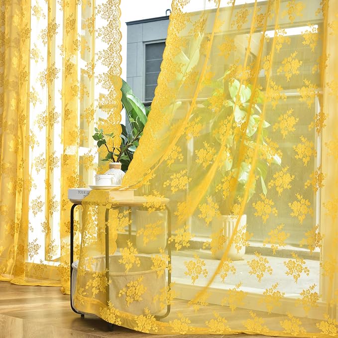 Kotile Mustard Yellow Sheer Curtains 80 Inches Long for Living Room, 2 Panels Rustic Floral Patterned Gold Boho Lace Curtains for Bedroom, Rod Pocket Privacy Vintage Sheer Lace Drapes, 52 x 80 Inch