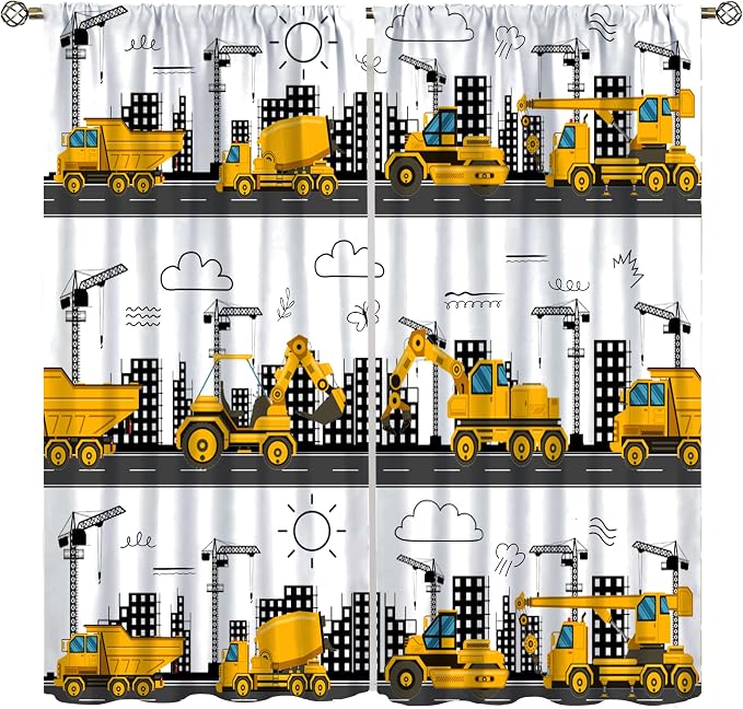 Construction Truck Blackout Curtain,for Kids Boys Girls Room Cartoon Tractor Excavator Yellow Cars Curtains Living Room Kitchen Cafe Bedroom Office Nursery Drapes,42x63 in