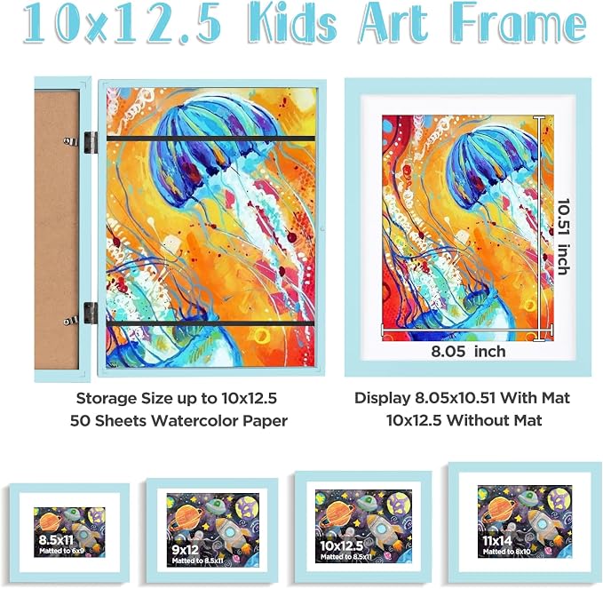 KINLINK 10x12.5 Kids Art Frame 2 Pack, Solid Wood Artwork Frames Changeable, Front Opening Hold 150 Pictures, Art Frames for Kids Artwork, 8.5x11 with Mat 10x12.5 without Mat, Picture Frames Light Blue