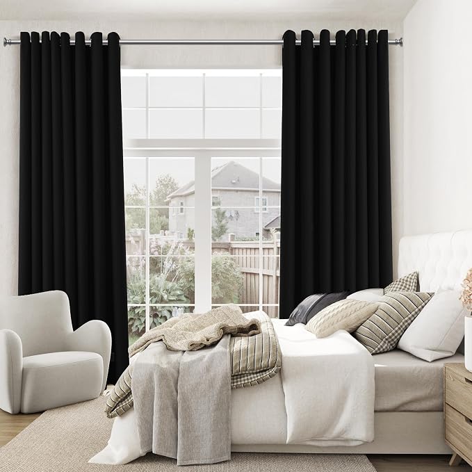 Jowels Black Linen Blackout Curtains 120 Length 2 Panels Set for Living Room Bedroom, 100% Black Out Thermal Insulated Linen Drapes, Room Darkening Grommet Curtains 120 Inches Long