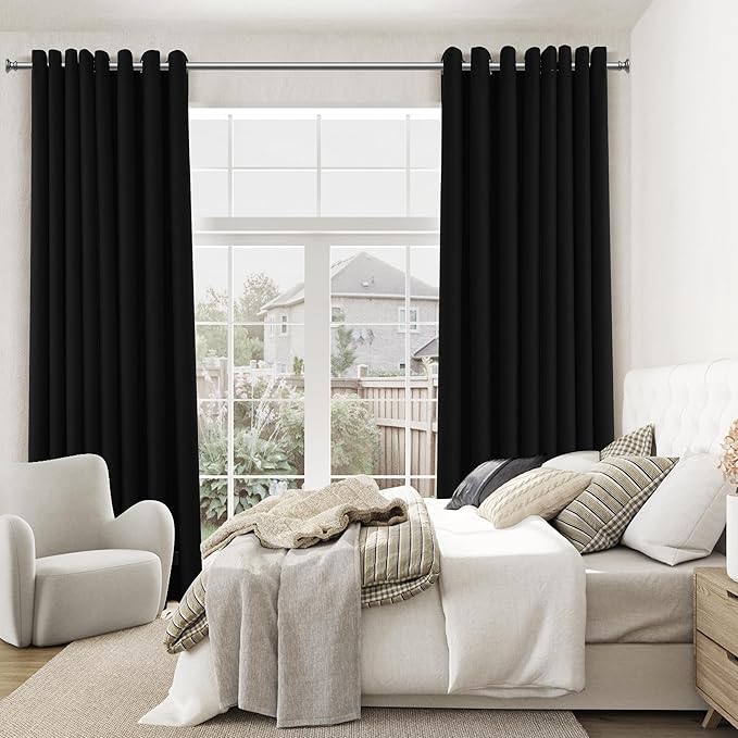 Jowels Black Linen Blackout Curtains 80 Length 2 Panels Set for Living Room Bedroom, 100% Black Out Thermal Insulated Linen Drapes, Room Darkening Grommet Curtains 80 Inches Long