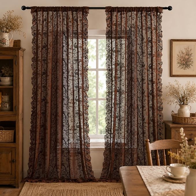 TUDECO Chocolate Brown Curtains 96 Inch Long, Bohemian Brown Pattern Curtains for Dining Room, Rod Pocket Ruffle Farmhouse Elegant Drapes for Living Room, Light Filtering & Privacy, 59W x 96L Inch