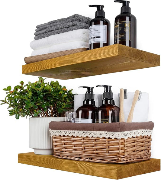 BGMG Wood Floating Shelves for Wall 16 Inch Set of 2, Rustic Wooden Wall Mount Shelves for Living Room Bedroom Kitchen Farmhouse - 16x6.7x1.25 Inch - Gold Oak