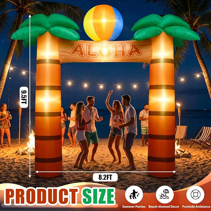 Jenaai 9.5 ft Giant Inflatable Palm Tree, LED Blow up Arch for Party, Luau Hawaiian Tropical Beach Party Decorations for Summer Pool Yard Garden Favors Supplies
