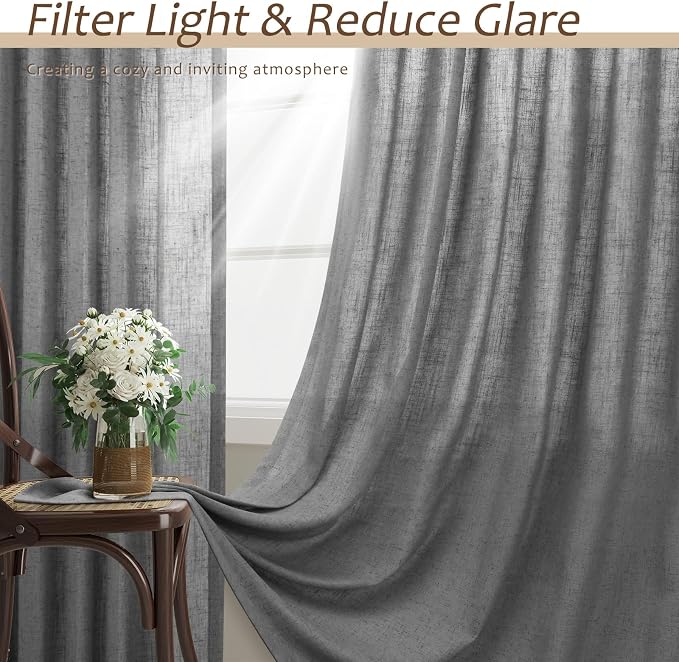 Aersas 102 Inch Blazer Grey Linen Curtains for Living Room Bedroom Semi Sheer Privacy Flax Textured Drapes Light Filtering Dinner Room Sliding Glass Door Curtain Farmhouse Rustic 52x102 Dark Grey