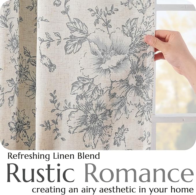 jinchan Blackout Floral Curtains for Living Room Bedroom Linen Blend Curtain Farmhouse Grey Printed with Lined Back Tab Rod Pocket Drapes Window Treatments 2 Panels 63 Inch Gray