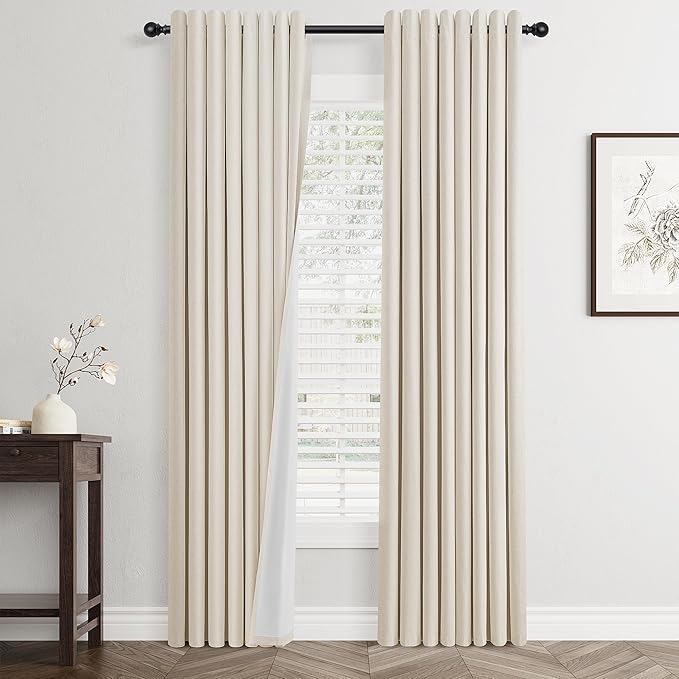 Jowels Beige Linen Blackout Curtains 80 Length 2 Panels Set for Living Room Bedroom, 100% Black Out Thermal Insulated Linen Drapes, Room Darkening Grommet Curtains 80 Inches Long