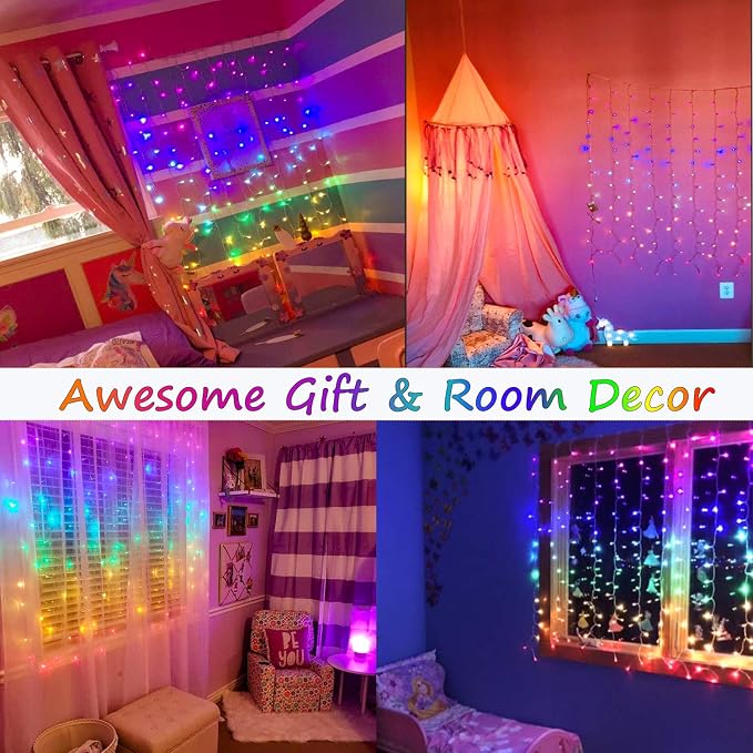 Rainbow Fairy String Curtain Lights with Remote, Twinkle LED Ombre Light Curtain for Girls Room, Kid's Bedroom, Teen Room, Unicorn Theme, Party, Independence Day Décor Gift (Rainbow)