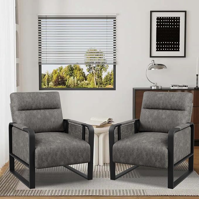 Modern PU Leather Accent Chairs Set of 2 Upholstered Armchairs with Side Table Leisure Side Chairs for Living Room Bedroom Office Grey