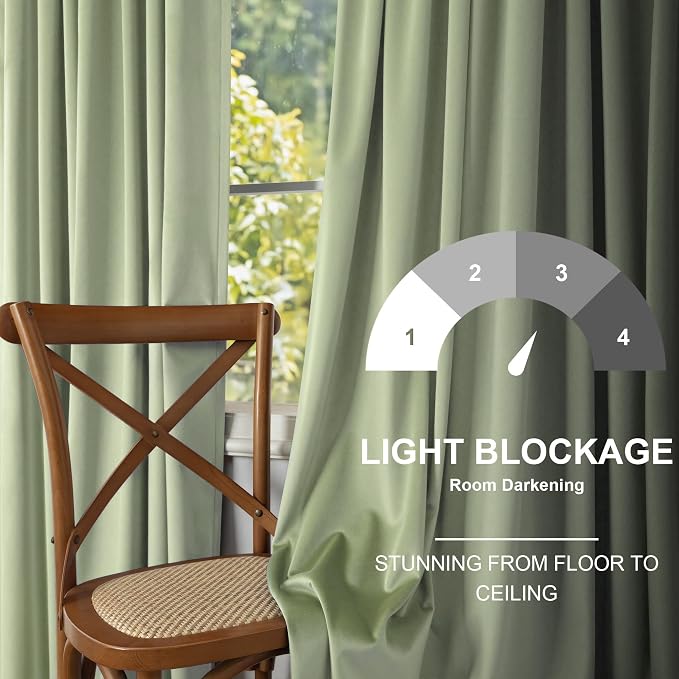 Light Sage Velvet Curtains 108 Inch Long 2 Panel Set for Patio Door Bedroom Darkening Soundproof Sage Green Boho Drapes Thermal Curtain for Winter Insulated Living Room Christmas Decorative 108 Length