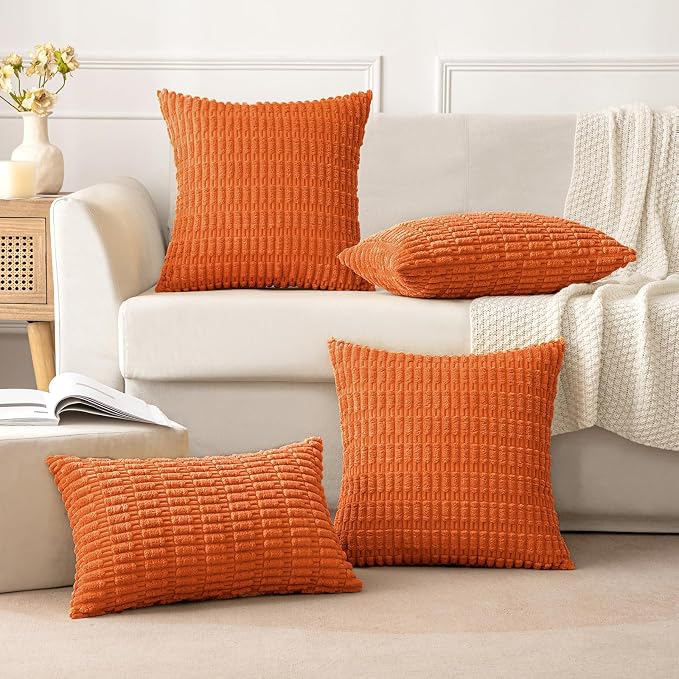 MIULEE Fall Pack of 2 Orange Corduroy Decorative Lumbar Pillow Covers 20x12 Inch Soft Boho Striped Throw Pillow Covers Modern Farmhouse Home Decor for Sofa Living Room Couch Bed