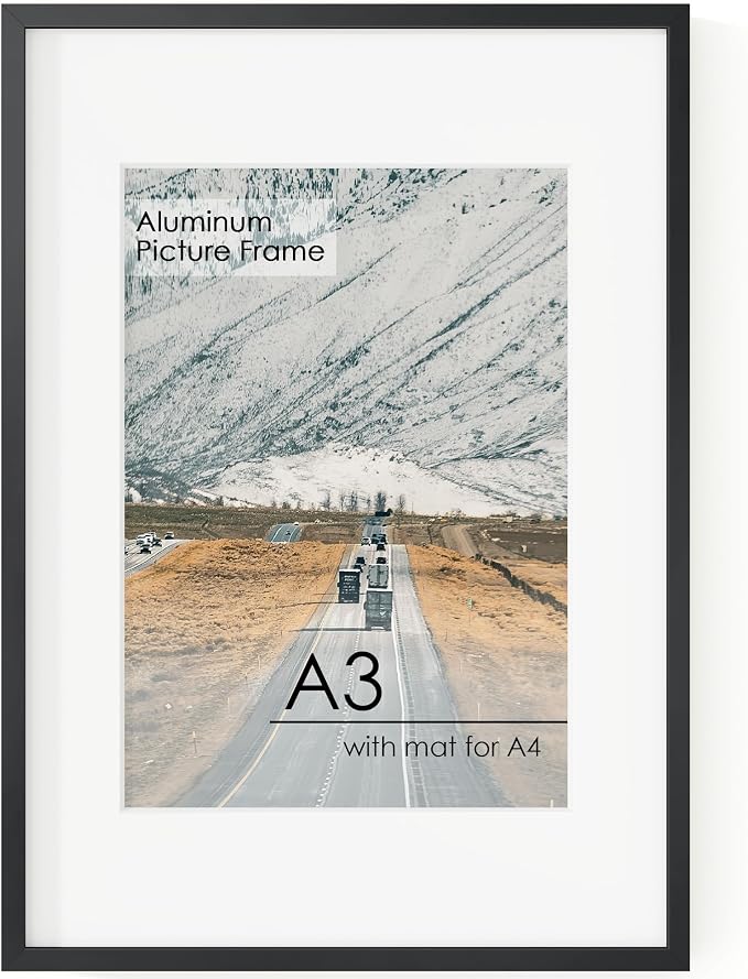 FLYJOE A3 Picture Frame Black - High-End Metal 11.7 x 16.5 Frame for Wall, Poster Frame, A3 Photo Frame with Mat A4, Aluminum Frame and Real Glass, Wall Kit, Black
