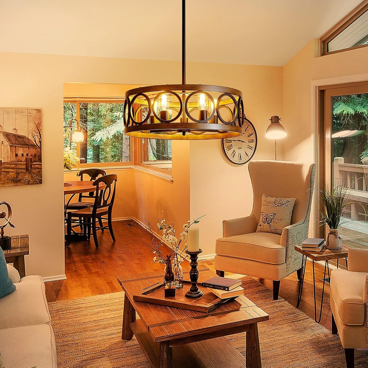 XINGQI 21.7'' Modern Chandelier, Farmhouse Drum Chandeliers for Dining Room Living Room Bedroom 5-Light Pendant Lighting Round Black Metal Antique Wood Grain Finish Adjustable