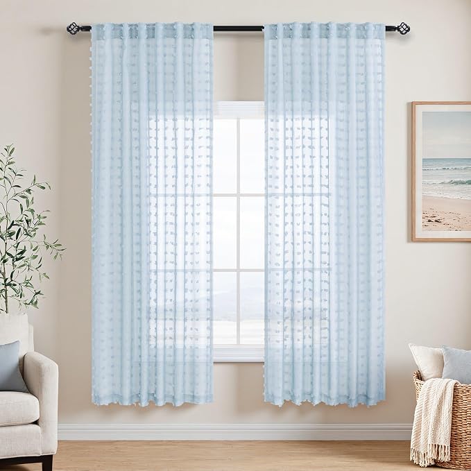DANCURTON Light Blue Sheer Curtains 63 Inch Length for Bedroom Boho Pom Pom Sheer Curtains 2 Panels Back Tab Blue Drapes for Bathroom Nursery Kids Room Modern Farmhouse Coastal Decor Window Treatments