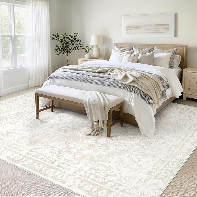Vintage Living Room Area Rug - 10x14 Large Machine Washable Boho Area Rug Distressed Floral Rugs for Bedroom, Soft Non-Slip Indoor Floor Accent Rugs for Office Dining Room (Cream Beige, 10'x14')