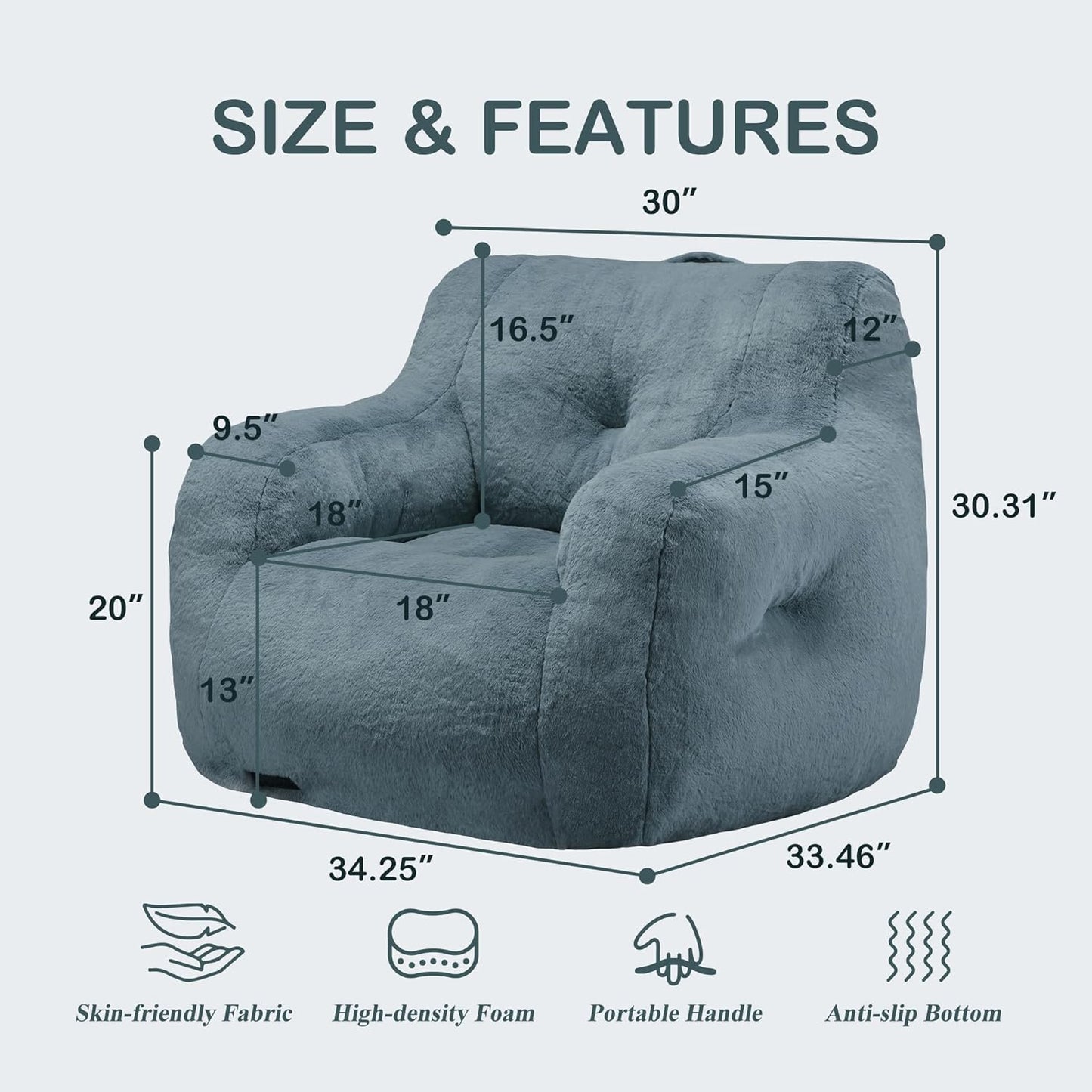 Hobestluk Bean Bag Chair for Adult Small Bean Bag Chairs with Arms Furry Beanbag Chair with Foam Filler Stuffed Bean Bag Sofa for Reading in Bedroom Living Room and Dorms (Blue Grey)