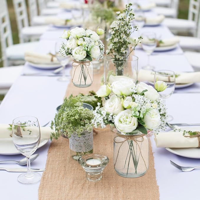 Zeyune 6 Sets Mason Jar Centerpiece Table Decorations, Artificial Peony Baby's Breath Flower Bouquets, Faux Flowers with Vase, Rustic Decor Gifts for Home, Wedding, Holiday (Green)
