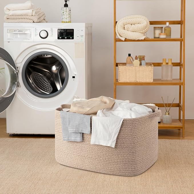 65L Cotton Rope Large Blanket Basket (19.7"x15.7"x11.8") for Living Room, Kids Room & Laundry, Storage Basket with Handle for Organizing Blankets, Pillows, Clothes & Toys, Brown