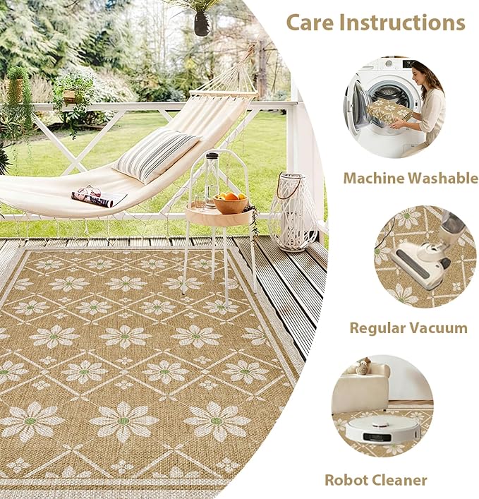 ORTIGIA Scalloped Easy Jute 3x5 Area Rug Boho Vintage Brown Floral Farmhouse Washable Rug Non-Slip Indoor Outdoor Carpet for Living Room Bedroom Kitchen Patio Entryway