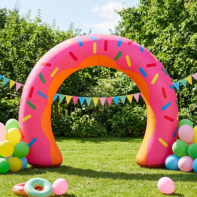 Jenaai 8ft Giant Donut Inflatable Arch Blow up Doughnut Inflatable Outdoor Yard Decorations with Built in LED Lights Outdoor Birthday Party Baby Shower Holiday Decor for Garden Lawn