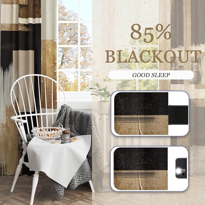 Boho Black Gold Abstract Blackout Curtains, Modern Oil Aesthetic Neutral Contemporary Beige Darkening Thermal Insulated Grommet Light Blocking Drape Decor, 52 x 84 Inch Long 2 Panels