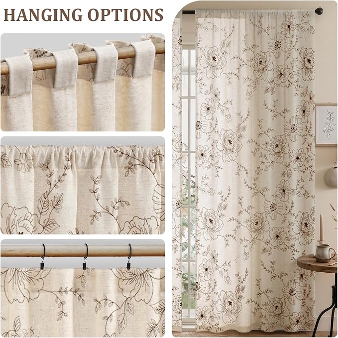 Boho Floral Curtains, Vintage Farmhouse Curtains 84 Inches Long, Camel Cottage Core Flower 2 Panels