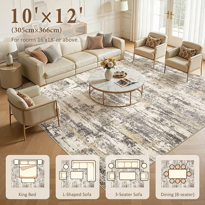 Area Rugs for Living Room: Abstract Washable Rug Modern Neutral Large Soft Stain Resistant Non-Slip Backing Machine Table for Bedroom Dining Room Indoor Home Office Carpet - 10x12 Gold Brown