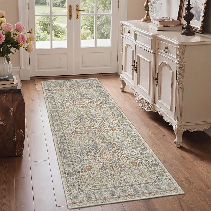 Bavni 2x6 Rug Runners for Hallways, Washable Runner Rug Non Slip,Vintage Floral Print Style Rugs for Bedroom-Lightweight Low Pile Carpet for Hallways Bathroom, Earth Yellow