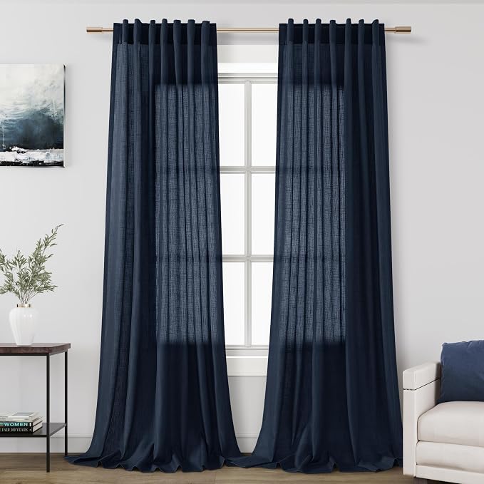 Linen Navy Blue Curtains 108 inch Extra Long for Living Room Back Tab Light Filtering Semi Sheer Drapes Modern Farmhouse Coastal Decor Textured Curtain for Floor to Ceiling High Window 52x108