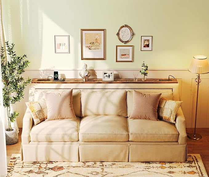 SUPERJARE 5.7 Inch Console Table with Outlet, Sofa Table, Behind Couch Table, 5.7 x 39.4 x 29.7 Inches, Metal Frame, for Living Room, Hallway, Rustic Brown