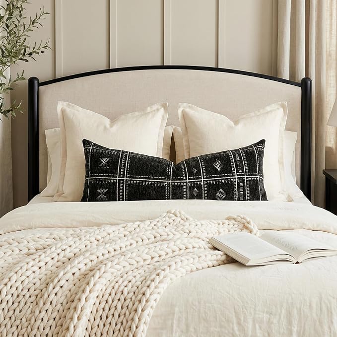 BlissBlush Decorative Lumbar Pillow Cover 14x36, Long Decorative Throw Pillow for Bed, Black Boho Textured Chenille Accent Pillowcase for Bedroom Home Décor (Cover Only)