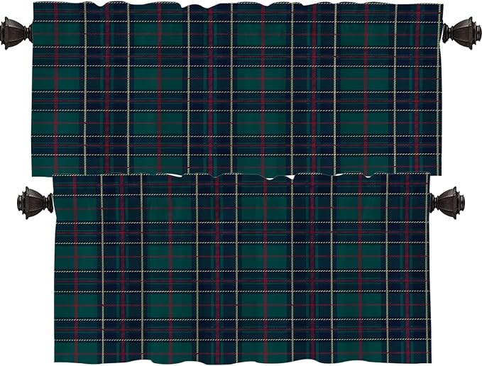 Shrahala Tartan Plaid Kitchen Valances, Green Scottish Fabric Kilt Twill Woven Half Window Curtain Window Treatment Multilayer Polyester Blackout for Living Room Bathroom 2 Pack 52 x 16 in