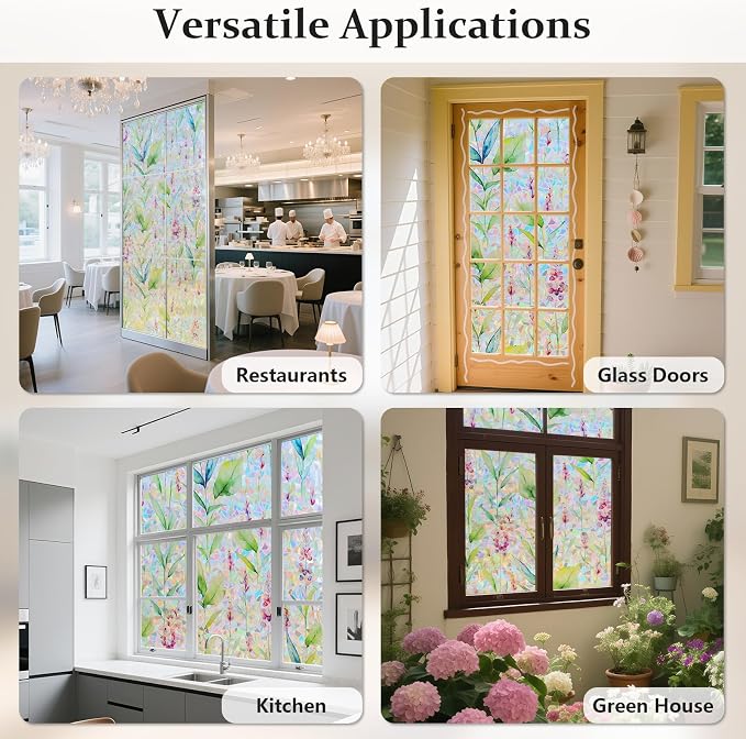 Donox Decorative Window Privacy Film, 3D Floral Stained Glass Window Film Static Cling Rainbow Privacy Sticker for Glass Door Heat Control Anti UV, No Adhesive (Gladiolus,35.4 x 78.7 inches)