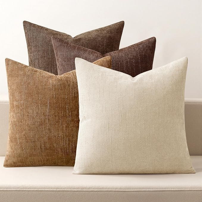 MIULEE Pack of 4 Fall Decorative Throw Pillow Covers 18x18 Inch Chenille Textured Throw Pillows Boho Farmhouse Rustic Cushion Covers Vintage Home Decor for Couch Sofa Bed Living Room，Dark Brown