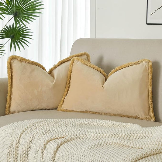 JUSPURBET Pack of 2 Khaki Decorative Fringe Velvet Throw Pillow Covers 16x24 for Home Decor Living Room Bedroom Car Boho Soft Cushion Cover with Hidden Zipper Machine Washable