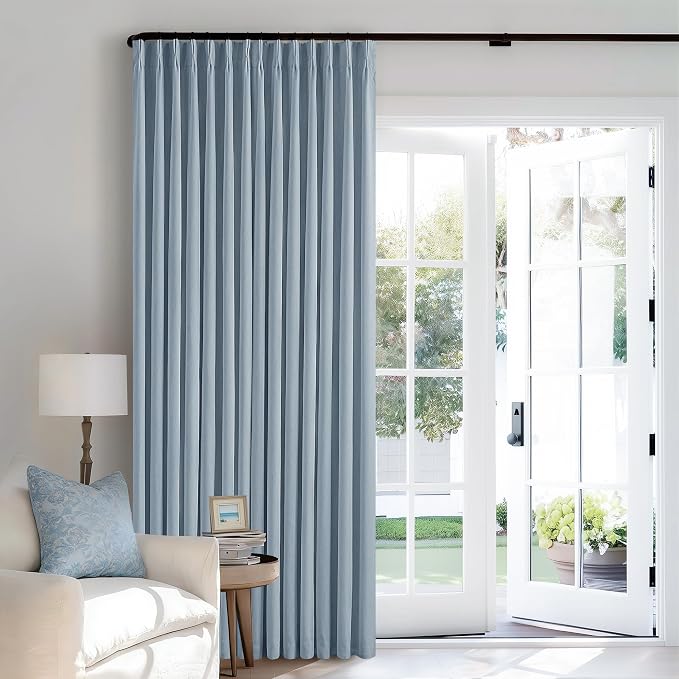 Dusty Blue Pleated Linen Blackout Curtains 102 Inches Long for Bedroom Living Room Pinch Pleat Black Out Thermal Insulated Ring Hooks Room Darkening Drapes Light Blue Curtains with Liner 40x102