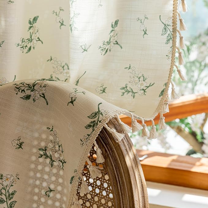 OYX Boho Floral Spring Semi Sheer Curtains 96 Inch Length 2 Panels, Linen Texture Farmhouse Light Filtering Curtains Beige Tassel for Bedroom Living Room Vintage Rustic Patterned Printed Rod Pocket