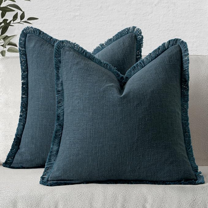 MIULEE Decorative Throw Pillow Covers Neutral Linen Fringe Throw Pillows Set of 2 Navy Blue Boho Farmhouse Cushion Covers with Tassels for Couch Sofa Bed Living Room Spring Home Decor 20x20 Inch