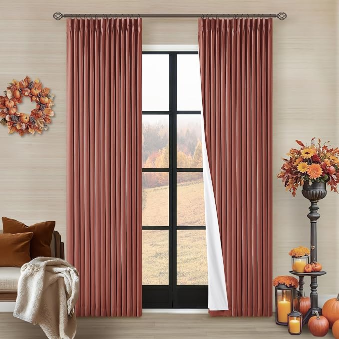 Terracotta Pinch Pleated 100% Blackout Linen Curtains for Bedroom 84 Inch Length Room Darkening with Liner Burnt Orange Window Curtains 84 Inches Long for Living Room Black Out Pleat Drapes Back Tab