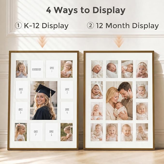12x16 School Picture Frame K-12, Collage Frame for School Years, Bronze | Warm Bronze K-12 Frame with 13 Openings: One 5x7 & Twelve 2.5x3.5 for Pre-K to 12th Grade | Wall Kit Included