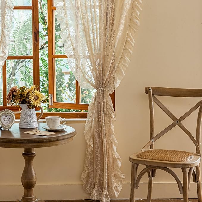 TUDECO Beige Lace Curtains 84 Inches Long - Vintage Ruffle Sheer Curtains for Living Room, Farmhouse Flowy Flower Rod Pocket Fluffy Aesthetic Art Decor 1 Pair, 59 x 84 Inch, Natural Beige