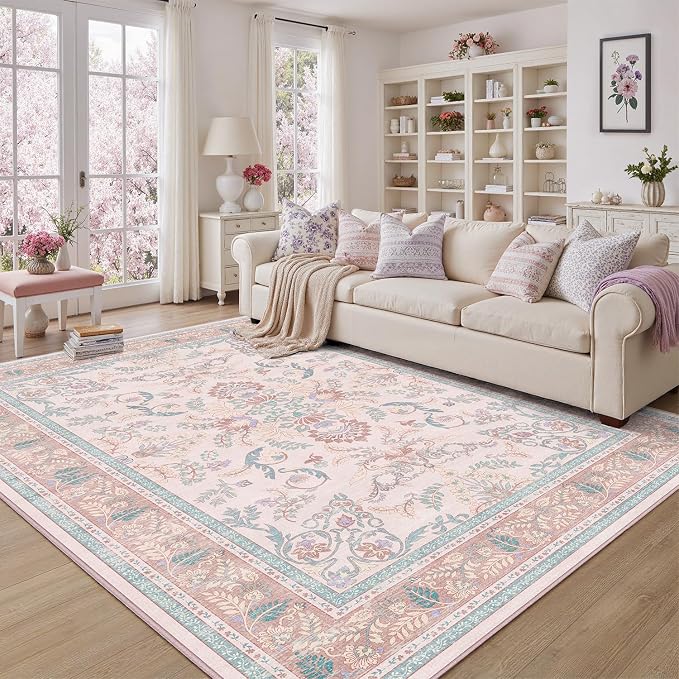 DCX 5x7 Pink Vintage Floral Rug, Machine Washable Non Slip Low Pile Carpet for Girl’s Bedroom, Nursery, Dorm, Kid & Pet Friendly Soft Stain Resistant Rug