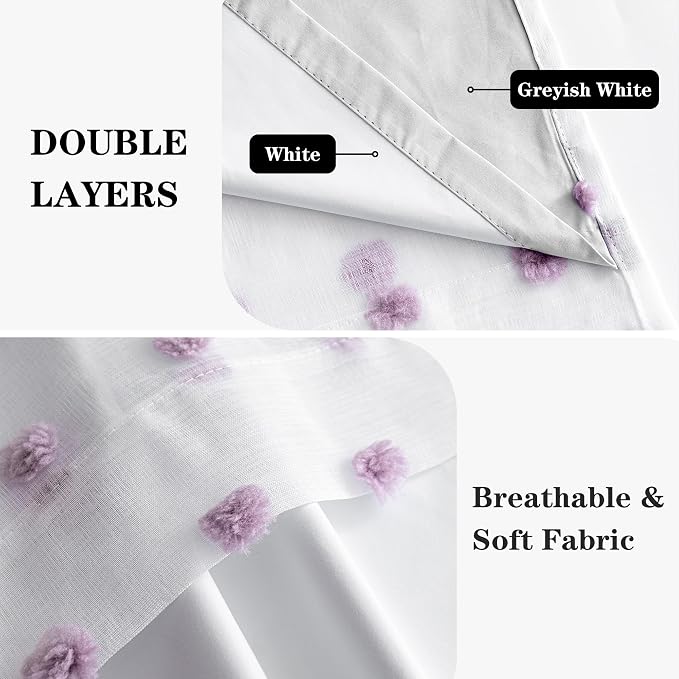 MEETSKY 100% Blackout Curtains for Girls Bedroom 63 Inch Length 2 Panels,Full Light Blocking Purple Pom Pom Curtains for Kids Room,Room Darkening Kitchen Window 2 Layered Drapes 52W x 63L