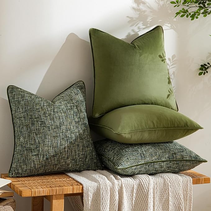 a moment Dark Green 4 Pack Throw Pillow Covers - Chenille & Velvet Set with Piping, Farmhouse Textured Design Pillow Cases for Couch Sofa Bed Livingroom (22x22 Inch, No Insert)