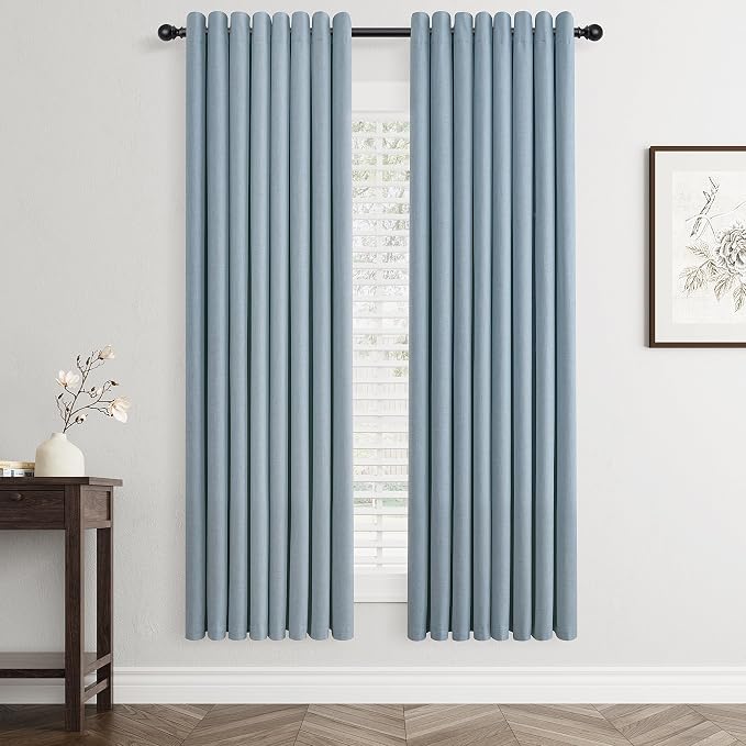 Jowels Blue Linen Blackout Curtains 68 Length 2 Panels Set for Living Room Bedroom, 100% Black Out Thermal Insulated Linen Drapes, Room Darkening Grommet Curtains 68 Inches Long